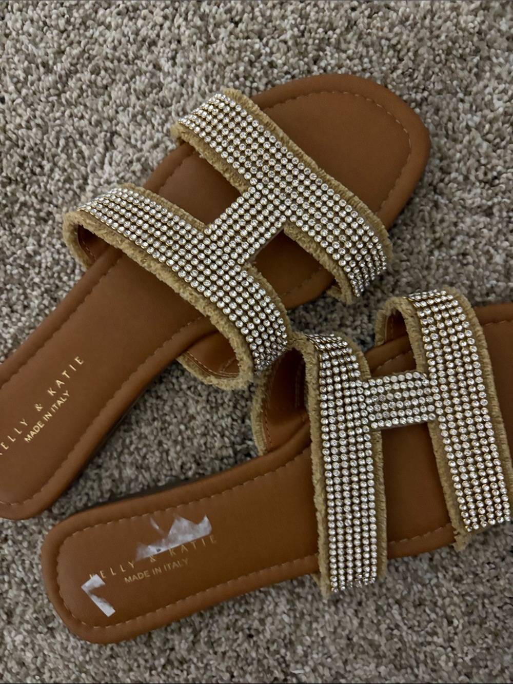 Kelly & Katie Tan Slide Sandals with Crystal Straps